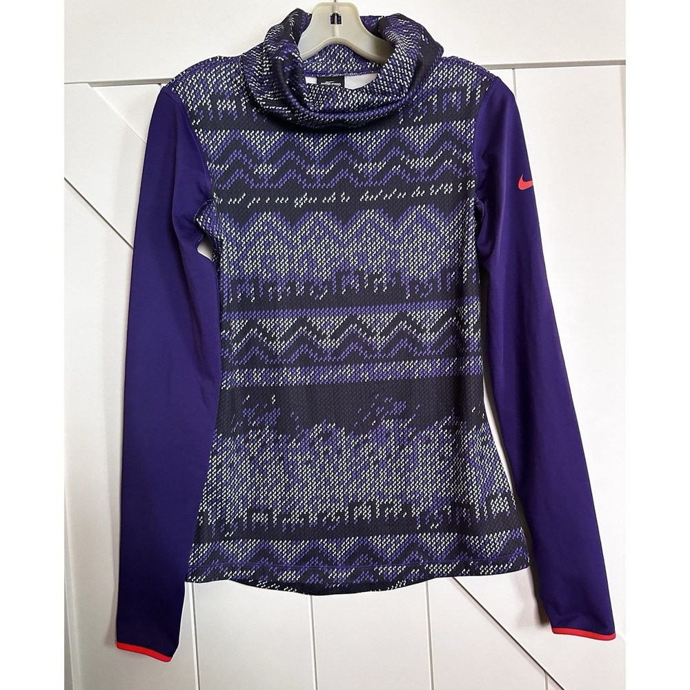 Nike Pro Pullover Hyperwarm Purple Nordic Print Cowl Neck Thermal Top‎ Women Sm